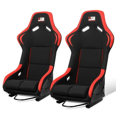 J2 Engineering Pair Universal Bucket Racing Seats Black Red Fiberglass Ergonomic Design with Side Mount Brackets