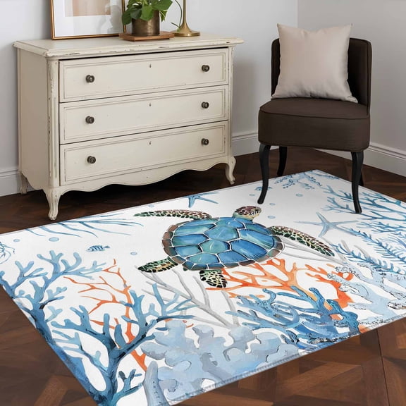 3'x5' Area Rugs, Sea Turtle Coastal Indoor Outdoor Area Rug for Living Room Bedroom, Nautical Summer Beach Coral Ocean Washable Bathroom Rugs Kitchen Floor Carpet Mats Home Decor Aesthetic