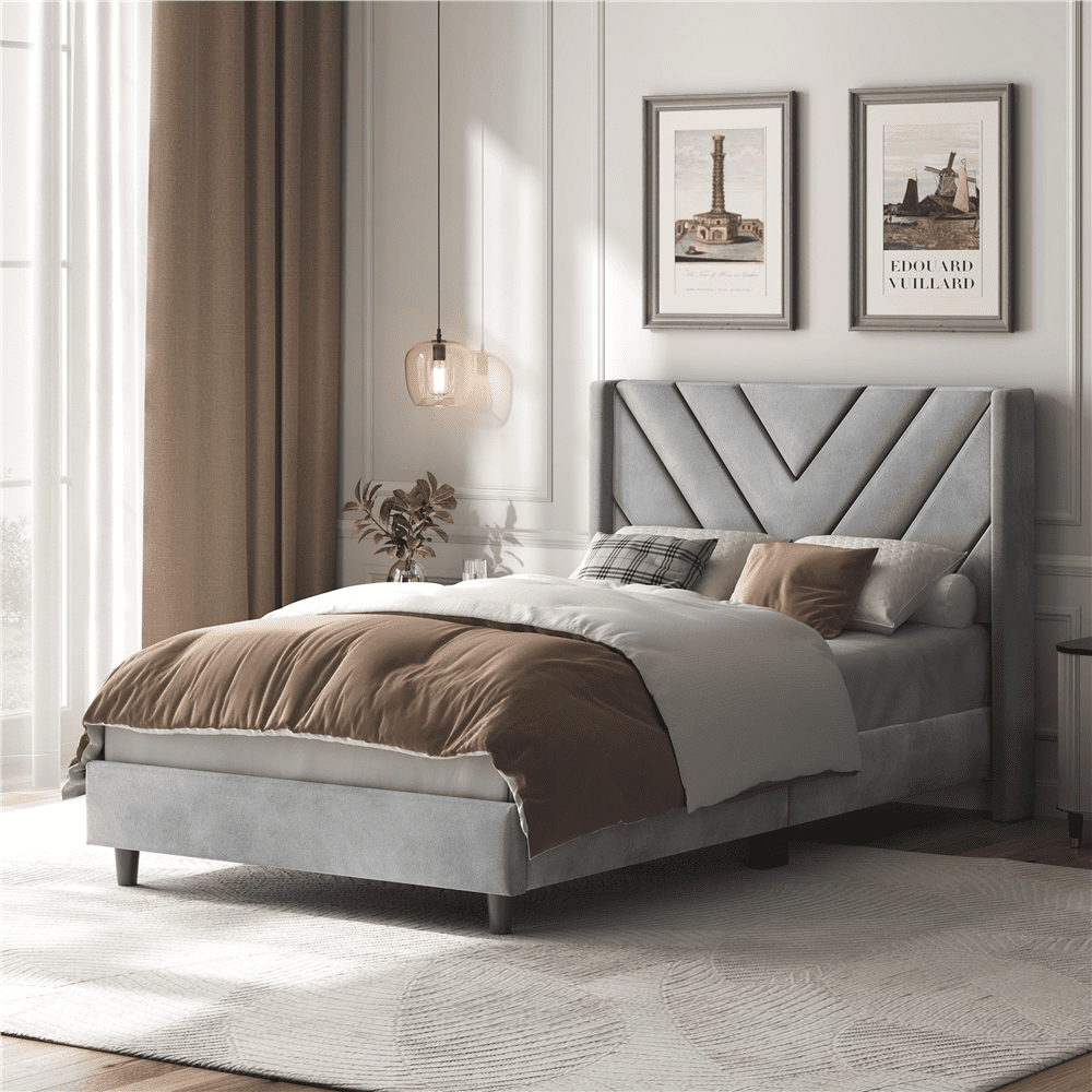 Renwick Twin Size Upholstered Platform Bed with Wooden Slat Support and Tufted Headboard, Light Gray