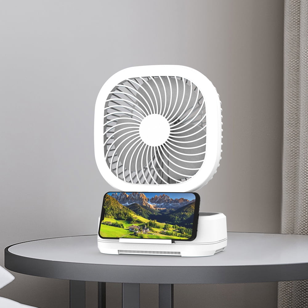 Mainstays New Rechargeable Personal USB Fan with Wireless Charging Pad and Led Lighting White