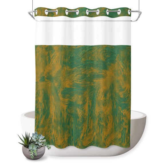 No Hook Shower Curtain, Green Yellow Textured Shower Curtains for Bathroom with See Through Top Window, Modern Abstract Oil Painting Waterproof & Washable Bath Curtain Stall 48"x72"