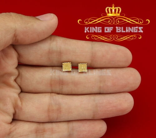 King of Bling's 0.05ct Diamond 925 Sterling Silver Yellow Stud Gents / Ladies Square Earrings