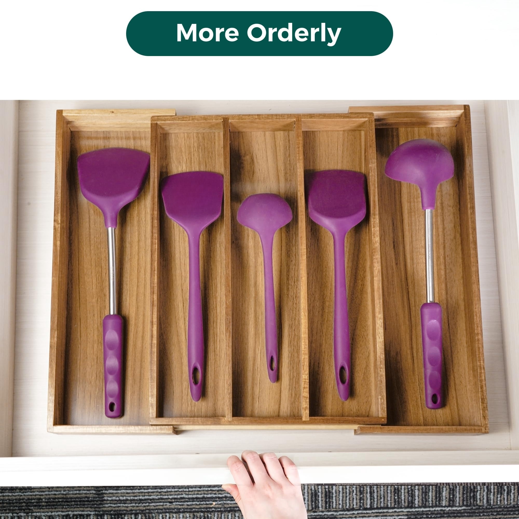 Bamboo Expandable Kitchen Drawer Organizer, Adjustable Utensil Holder and Cutlery Tray Organiser, Drawer Divider for Silverware, Flatware, Knives in Kitchen, Bedroom, Living Room, 5 Slot