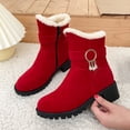 thumbnail image 4 of Xfvqtps Womens Mid Calf Boots Plush Fleece Line Suede Upper Chunky Heel Zipper Up Rhinestone Buckle Winter Snow Boots Women Solid Color Shoes Casual Warm Ankle Boots Red, 4 of 9