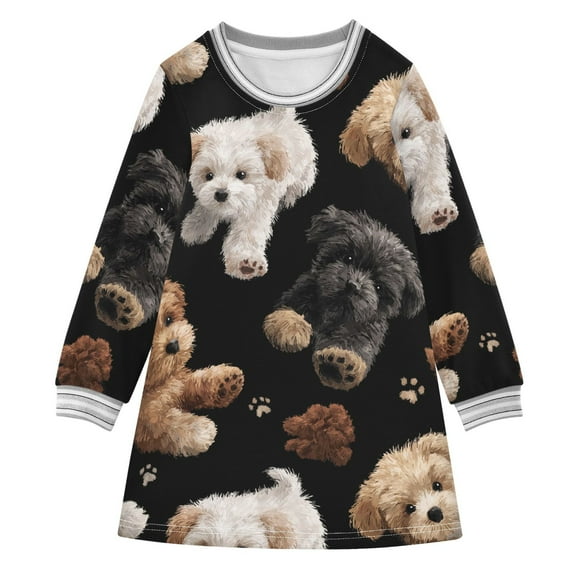 Girls' long-sleeved dress Cute Puppies Girls' A-line dress with ribbed cuffs Soft and comfortable