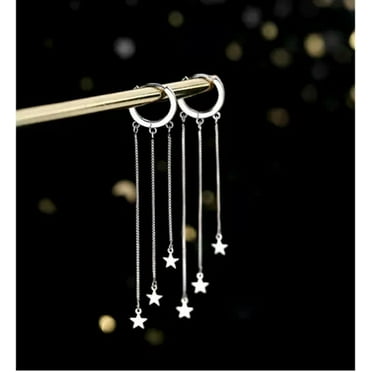 K-KED 925 Sterling Silver Plated Dangle Tassel Stars Huggie Hoop Earrings Women