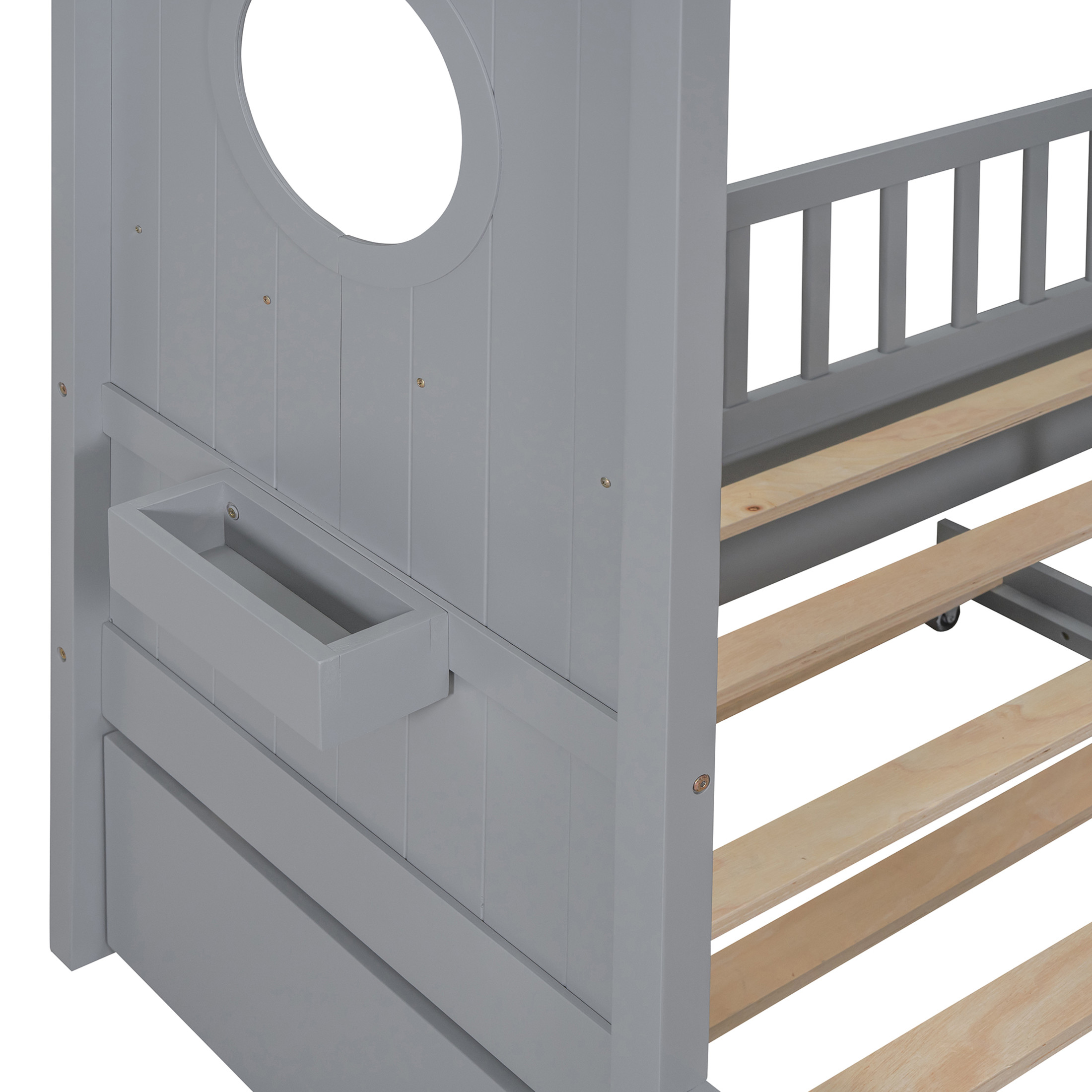 Noble House Wooden Full Size House Bed With Trundle, Modern Design for Kids with Storage Shlef, Gray