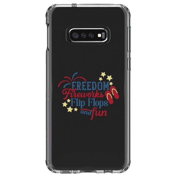 DistinctInk Clear Shockproof Hybrid Case for Samsung Galaxy S10e (5.8" Screen) - TPU Bumper Acrylic Back Tempered Glass Screen Protector - Freedom Fireworks Flip Flops & Fun