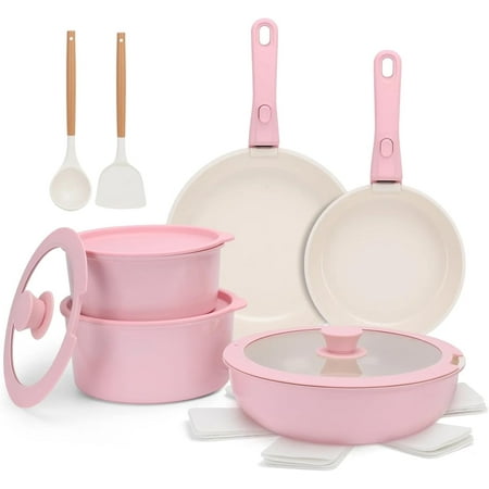 17 Piece Ceramic Pots and Pans Set Non Stick, Cookware Set with Detachable Handle, Dishwasher/Oven Safe, Induction Ready, Stackable RV Kitchen Cooking Set Removable Handles Pots Protectors, Pink