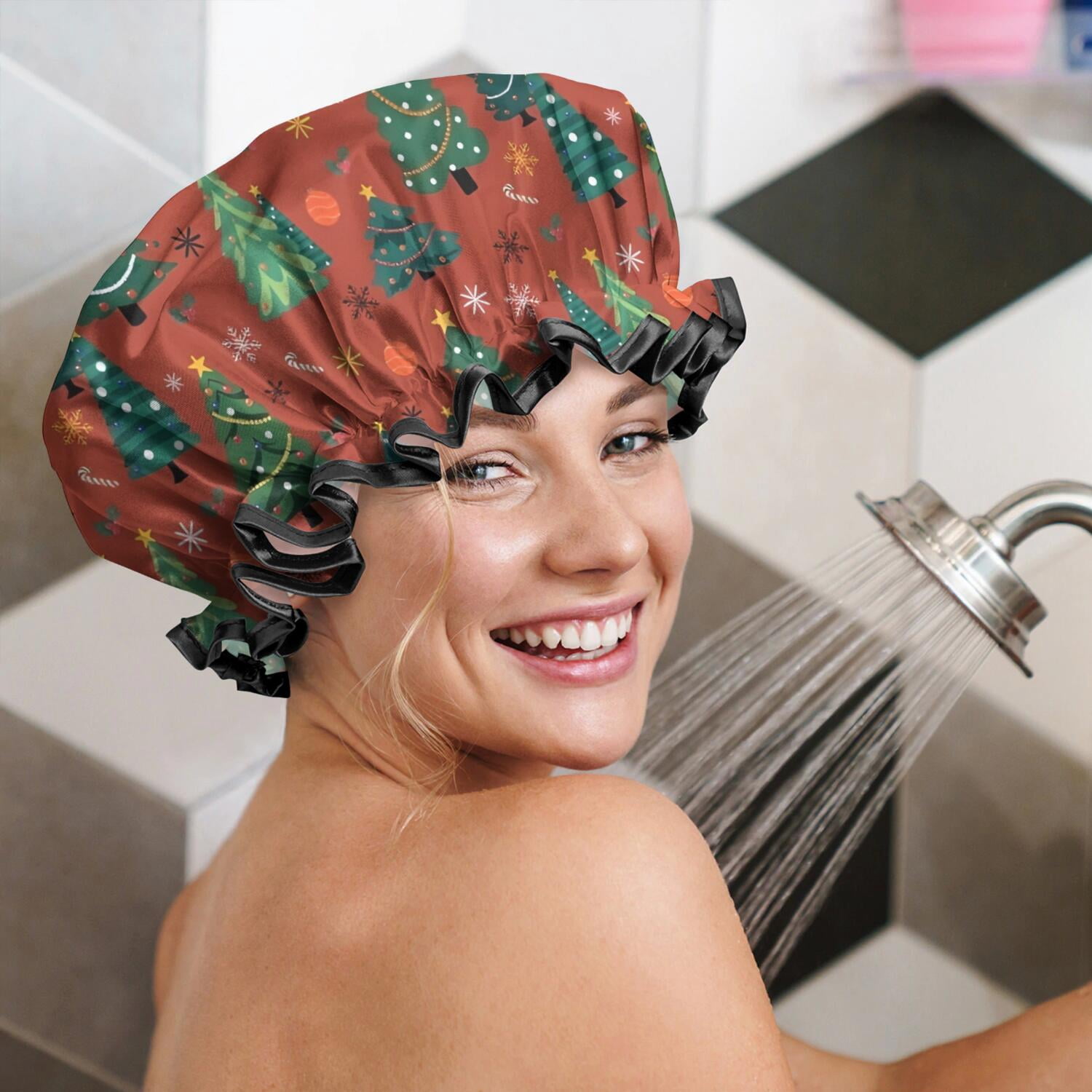 Shower Caps,Red Christmas Tree and Ornament Pattern Waterproof Shower Cap for Women 4 Pieces,Double Reusable Hair Cover for Shower PEVA Elastic Stretch Hem