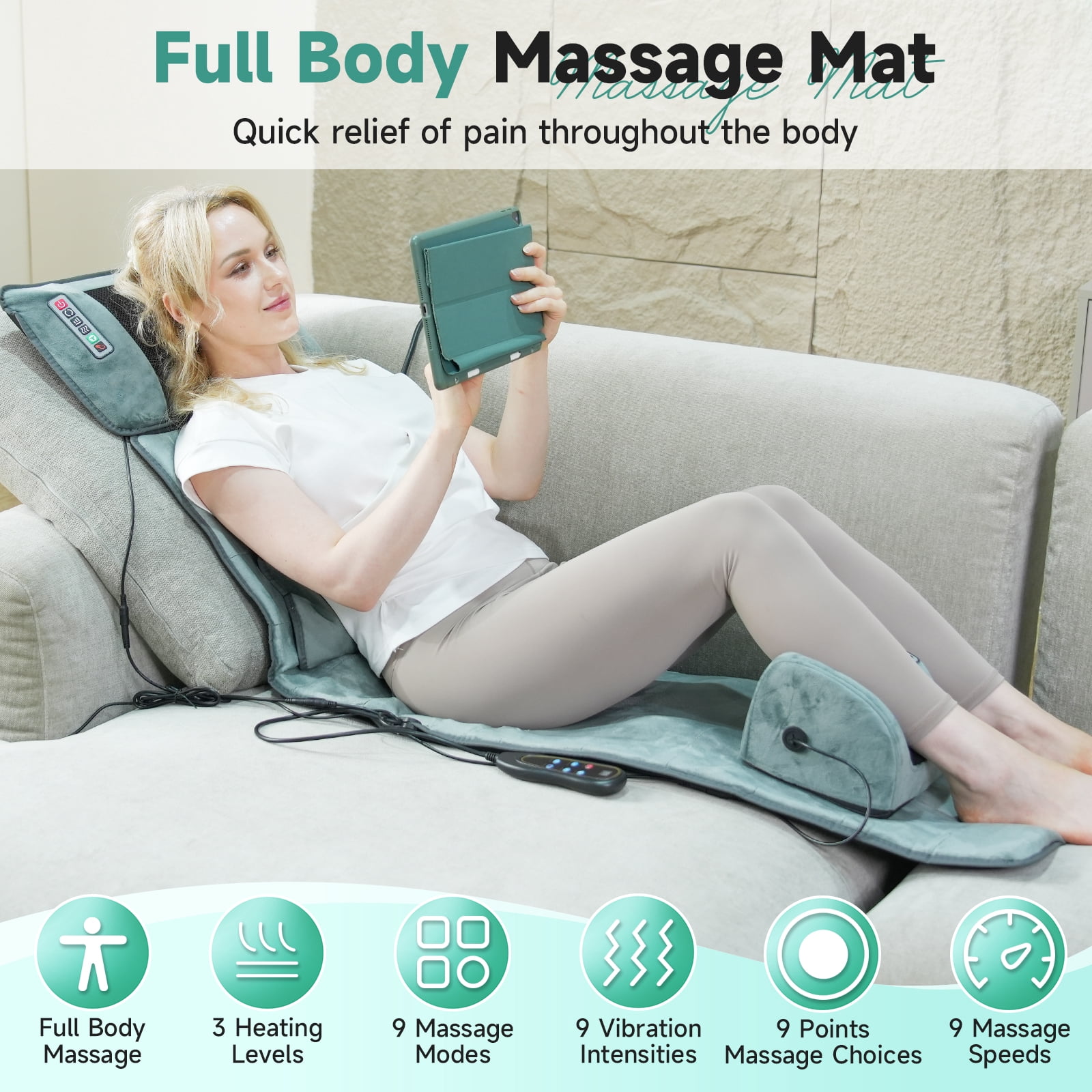 HEMXSZH Full Body Massage Mat with Remote Vibration & Heat, Foot Massage Headrest & Lumbar Pillow, Gray