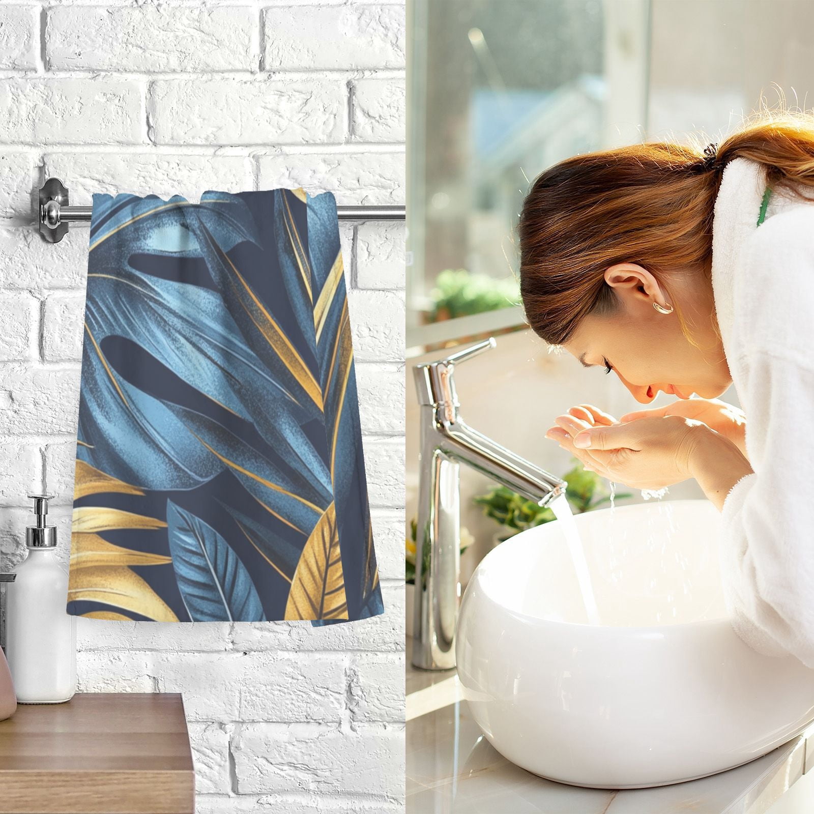 Blue and Gold Leaves Hand Towels Cotton Bath Towels Large Face Towels Absorbent for Bathroom 2 Packs