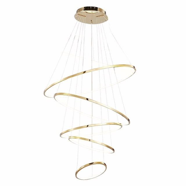 lámpara sphera luxica lighting tipo candil colgante led dorada 6836 g colgante en espiral con cinco anillos LED dorados (10+20+40+60+80 cm), base circular dorada y cables tensores, acabado cromo/dorado, regulable por control remoto, temperaturas 3000K–6000K; también apta para iluminar islas de cocina o áreas de trabajo.