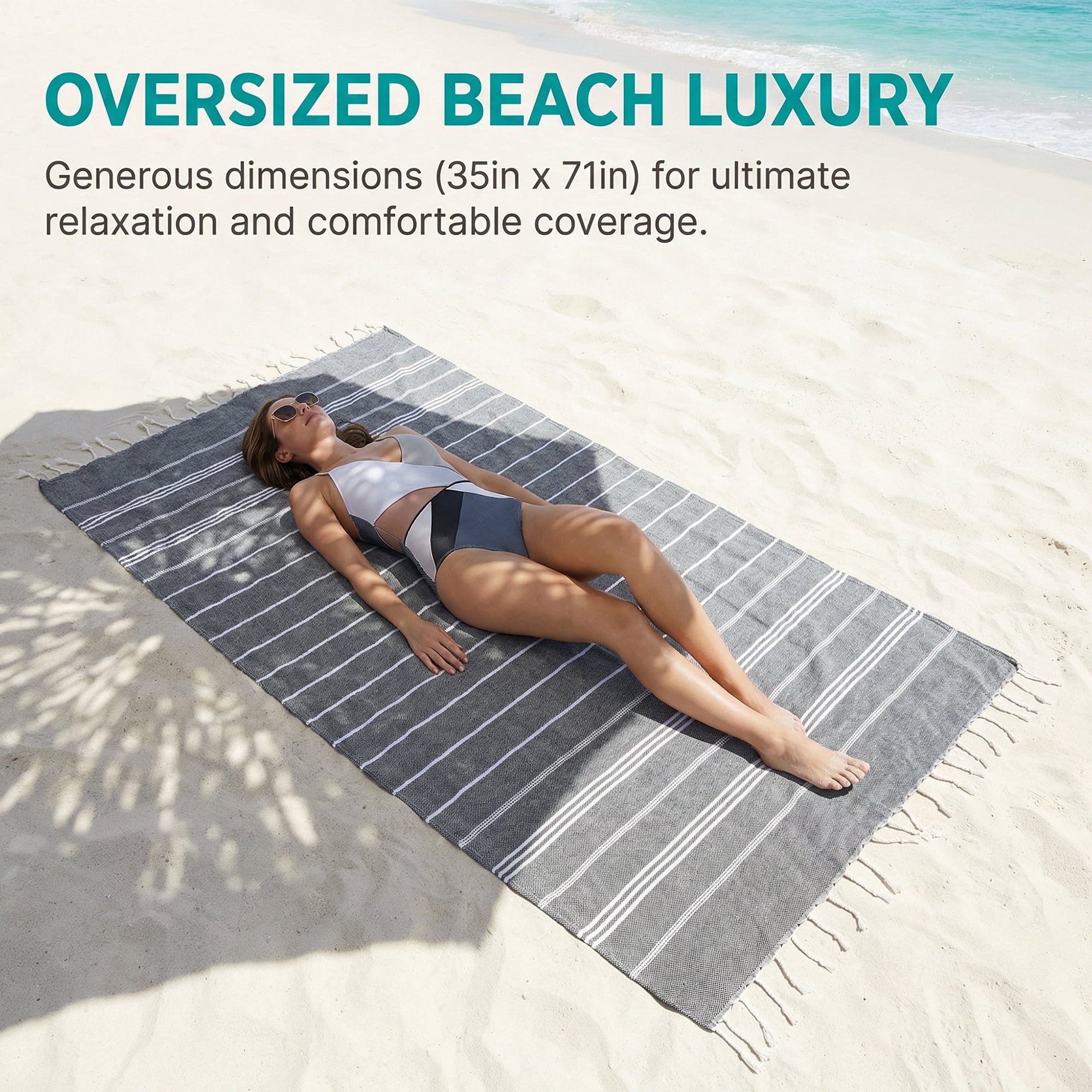 Unique Bargains Stripe Turkish Sand Free Towel 2 Pack Black/Light Green 71"x35"