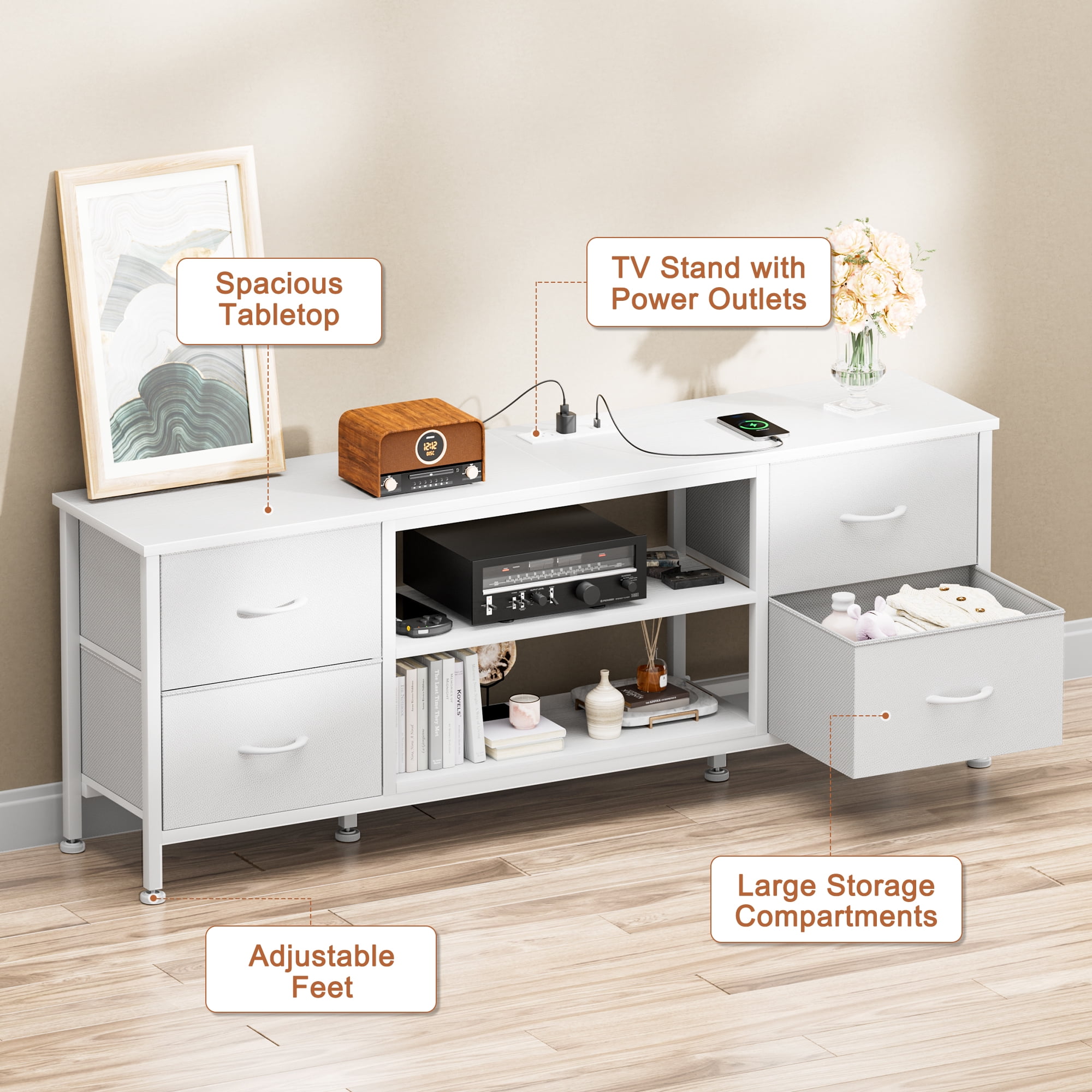 TV Stand for Bedroom, Television Stand for TV up to 60 Inch Entertainment Center Dresser with 4 Drawers Open Storage Shelves for Living Room, Entryway