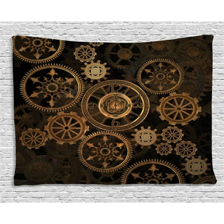 Steampunk Tapestry Dark Toned Mechanical Composition Including Various Wheels Gears Image Wall Hanging For Bedroom Living Room Dorm Decor 60w X 40l