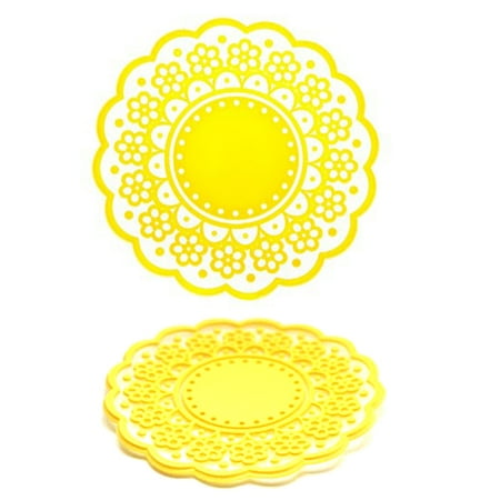 

4pcs Translucent Hollow-out Lace Pattern Non-slip Insulated Round Silicone Cup Coasters Mats Pads Holders (Yellow)