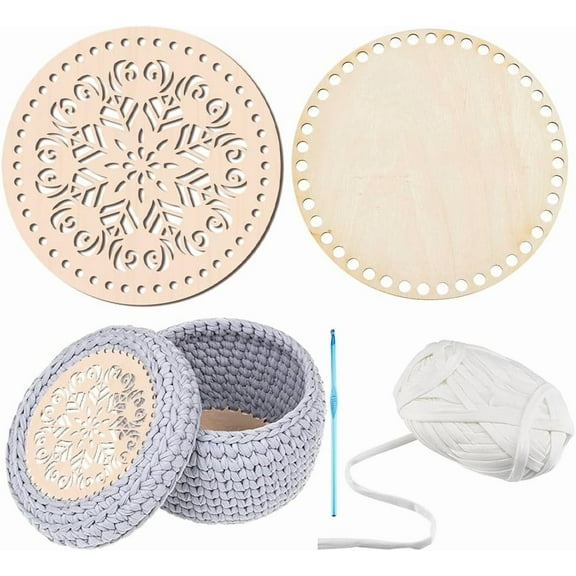 Crochet Basket Kit - 2 Styles Natural Wooden Base 40 Yards Yarn 1pc 4mm Hook