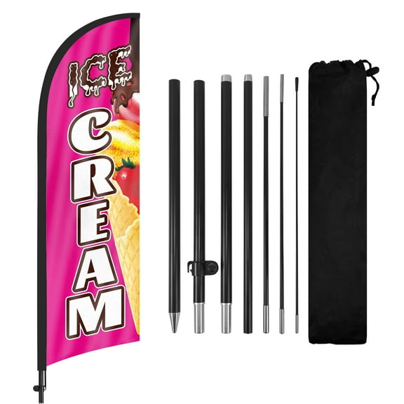 QSUM Ice Cream Sign Feather Flag with Pole Kit,7FT Ice Cream Decoration Display, Ice Cream Business Sign,Ice Cream Swooper Flag，Advertising Flag
