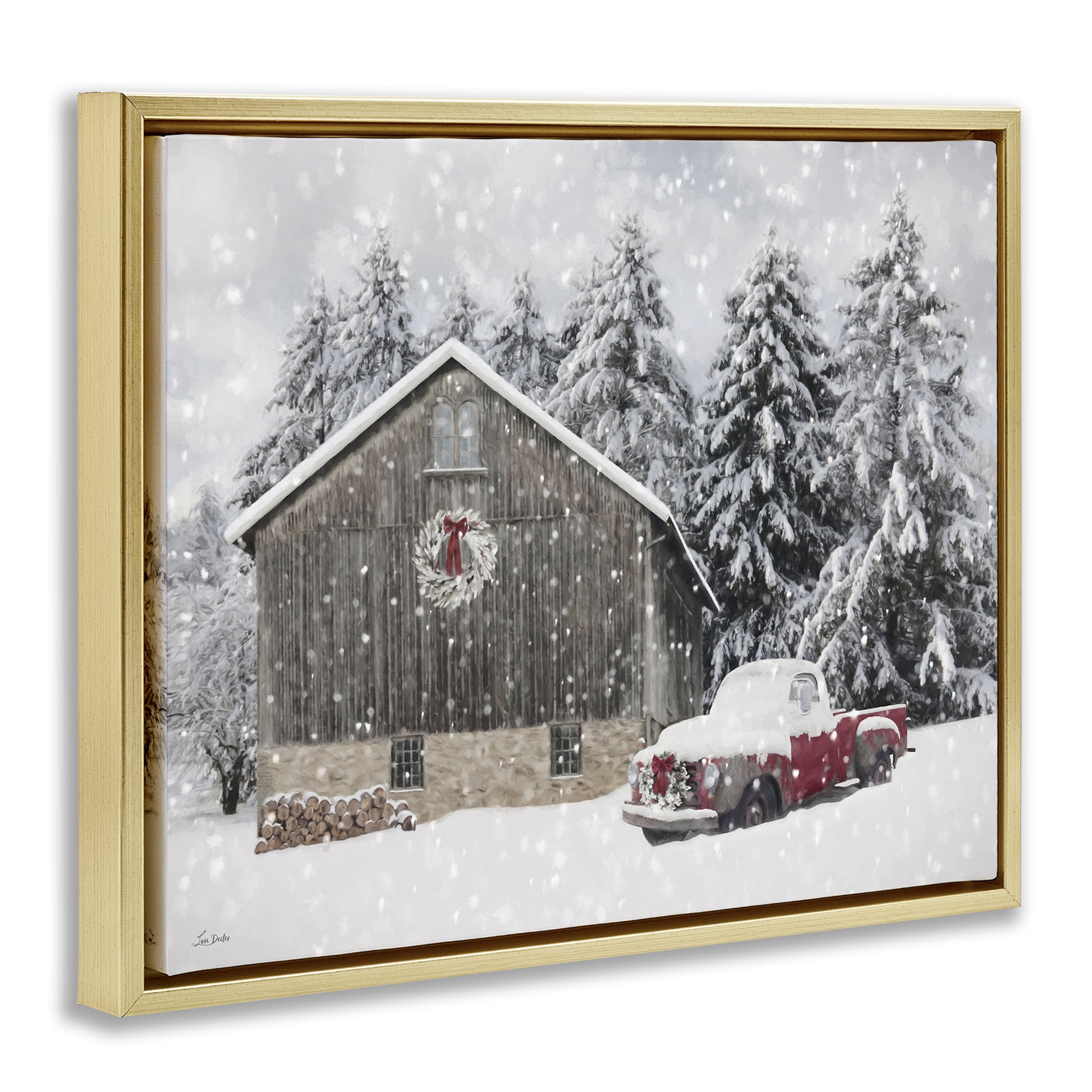 Stupell Industries Snow Covered Farm Scene Holiday Painting Gold Floater Framed Canvas Art Prints Wall Art, 31 x 25