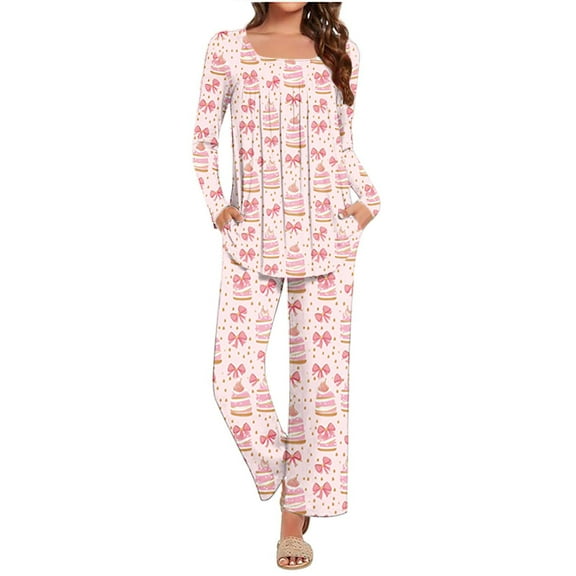 asdoklhq Christmas Fleece Pajamas Women Fashion Women Christmas Print Neck Fold Long Sleeves Elastic Waist Trousers Pajama Set Pink L