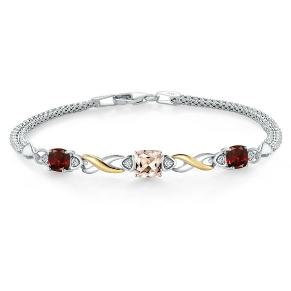 925 Silver and 10K Yellow Gold Peach Morganite and Red Garnet and White Lab Grown Diamond Bracelet for Women (2.51 Cttw, Gemstone October Birthstone, Cushion 6MM, 7 inches, Made in Italy)