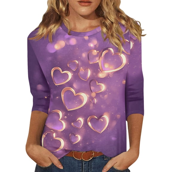 Hearthz S-5XL 3/4 Sleeve Valentines Shirt for Women Crewneck Funny Love Heart Graphic 3/4 Sleeve Tops for Women