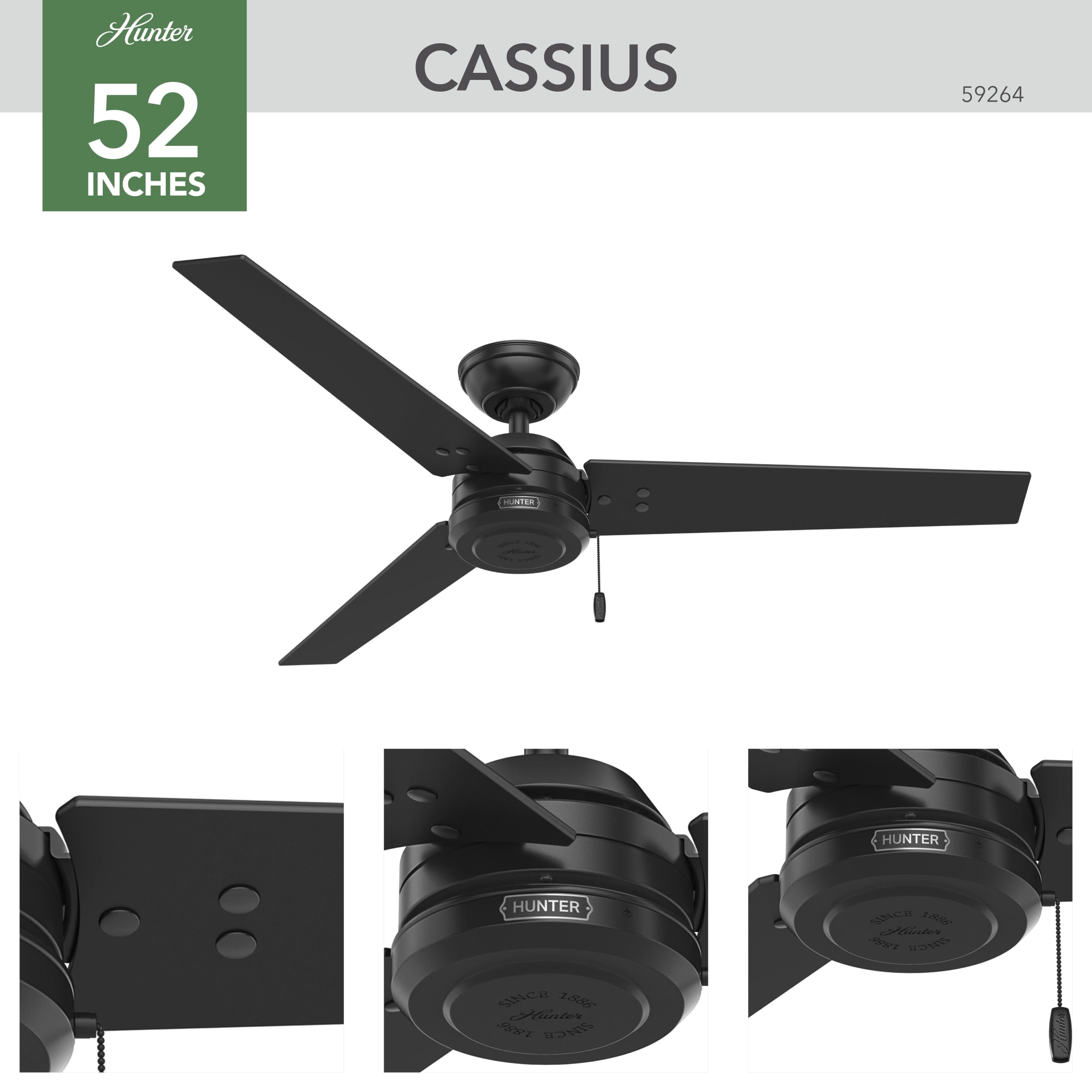 Hunter 52 inch Outdoor or Indoor Ceiling Fan No Light - Black Ceiling Fan without Light, For Patio, Porch, Garage, or Living Room, Standard Mount, 3 Blades, Pull Chain - Cassius 59264, Matte Black