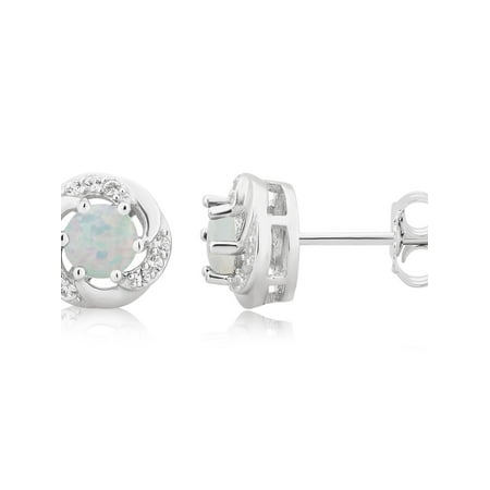 Gold Diamond Created Opal Earrings - White Gold Finish Created Opal Solitaire Simulated Diamond Earrings 6MM