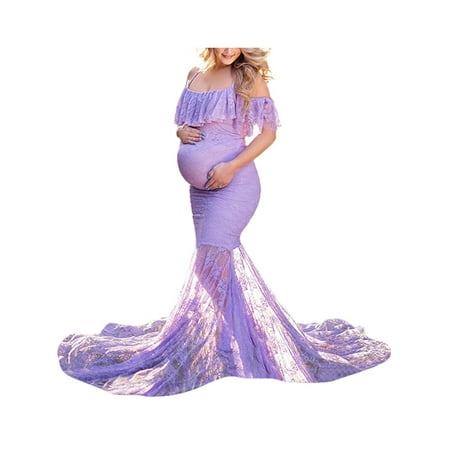 

UKAP Maternity Dresses for Photo Shoot Women Trailing Lace Gown Off Shoulder Slim Fitted Wedding Party Baby Shower Dress