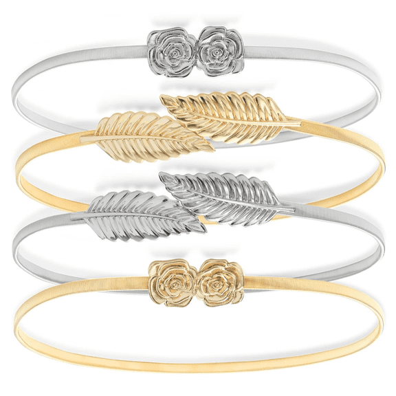 4Pcs Skinny Stretch Metallic Waist Belts, Two-Tone Gold & Silver Metal Belts for Women with Leaf & Rose Pattern & Adjustable Comfort Fit - Medium 27in