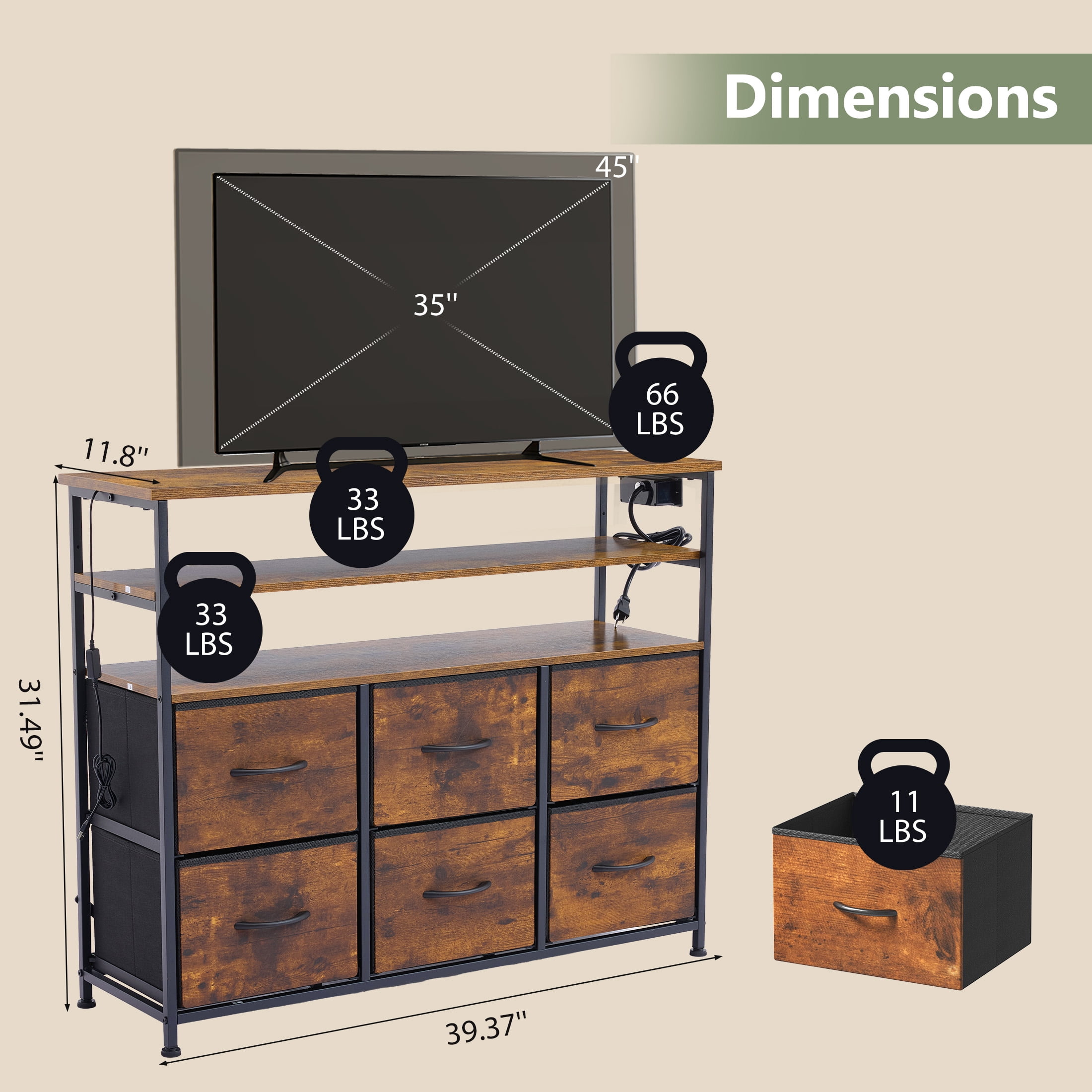 CONCETTA TV Stand for 45 Inch TV, 6-Drawer Dresser with 3-Tier Open Shelves, LED Lights, Charging Station, Wood Top Entertainment Center for Bedroom, Living Room, Hallway, Rust