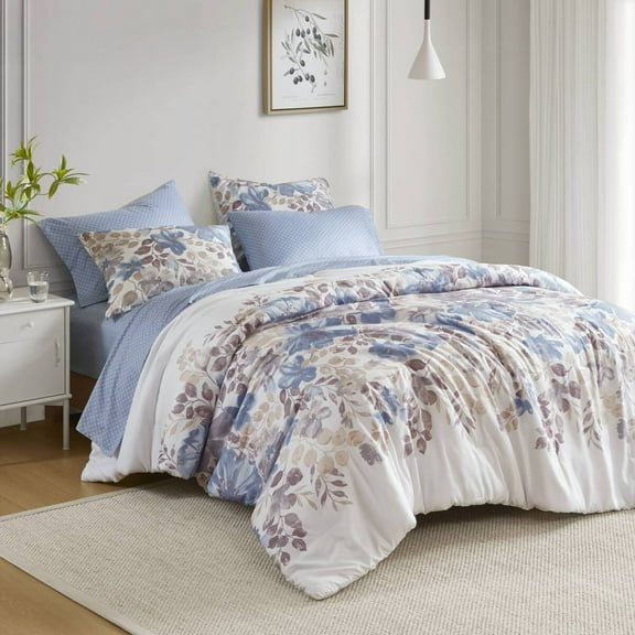 Izzovium Blue Floral Print Comforter Set Cal King, 8-Piece Microfiber Bedding with Sheet Set