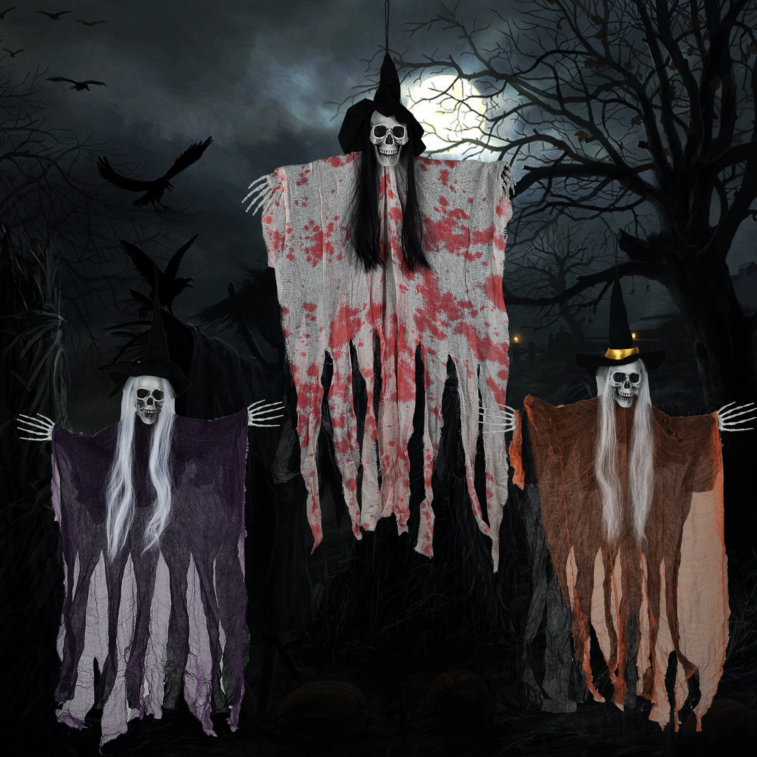 Goodwill 3 Pack Hanging Halloween Skeleton Ghosts Decorations, Grim