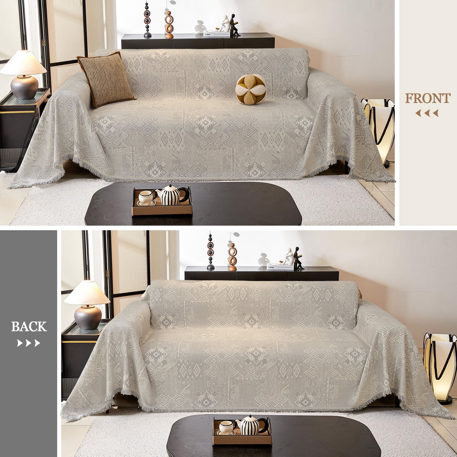 Sanmadrola Reversible Sofa Covers for 3 Cushion Couch, Geometric Jacquard Chenille Slipcover, L Shape Sectional Couch Cover with Tassels, Washable Furniture Protector for Dogs Cats Pet, 71"x118"