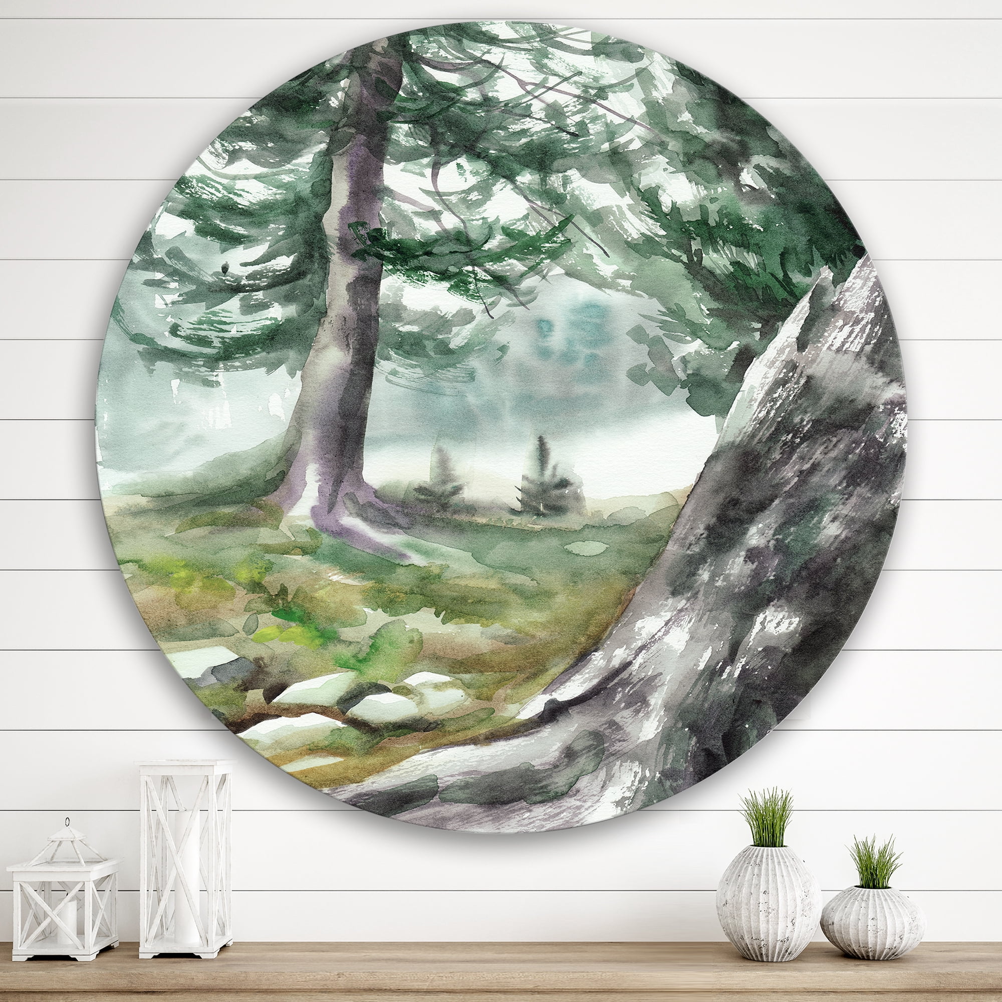 Designart 'Pine Forest In The Early Morning Glow' Lake House Circle Metal Wall Art 36x36 - Disc of 36