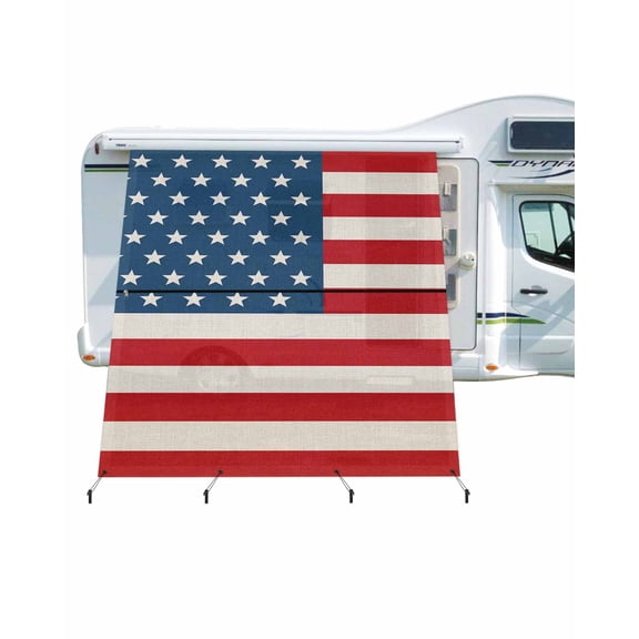 4th of July RV Awning Sun Shade Screen 9'X7' US Flag Mesh Sunscreen Red Stripes Stars Blue Awning Shade Screen with Zipper UV Blocker Completed Kits Outdoor Canopy for RV Motorhome Camper Travel