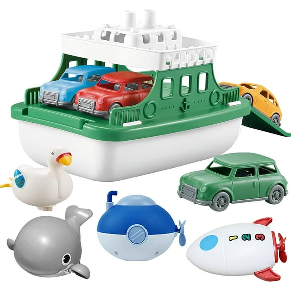 TRAHOO-Ferry Boat Toys Set with 4 Cars and 4 Wind Up Bath Swimming Toys, Kids Bath Toy Floating Vehicle Whales Submarines Swans Rockets, Bathtub Bathroom Pool Beach Toys for Toddlers Boys Girls Kids
