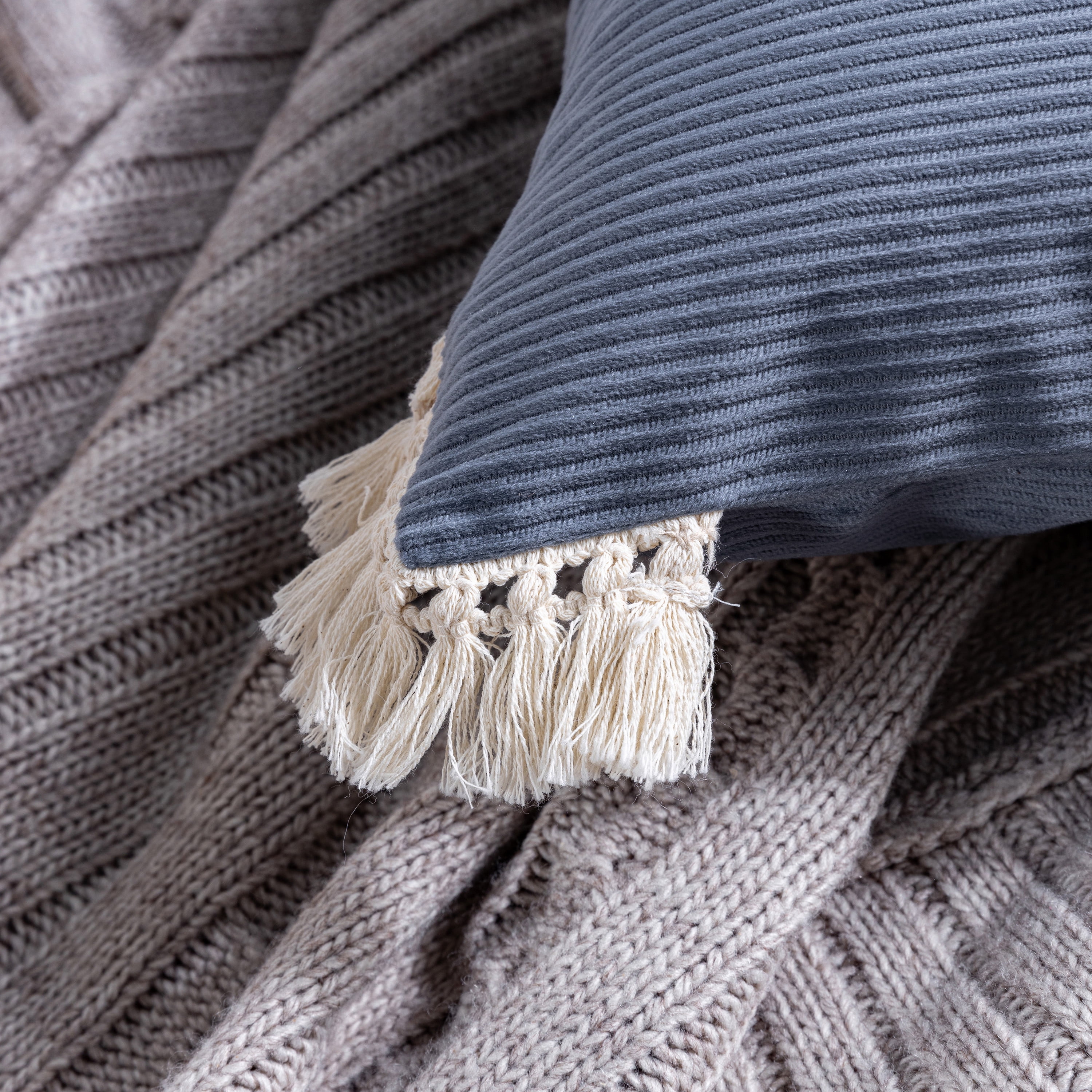 Phantoscope Soft Corduroy Velvet with Cotton Tassel Solid Square Cusion Accent Decorative Throw Pillow for Couch, 20" x 20", Light Gray, 2 Pack