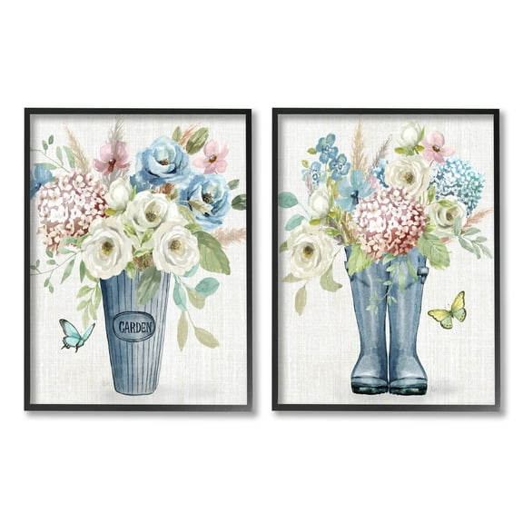 Country Garden Bouquets Rain Boots Botanical & Floral Graphic Art Black Framed Art Print Wall Art, Set of 2