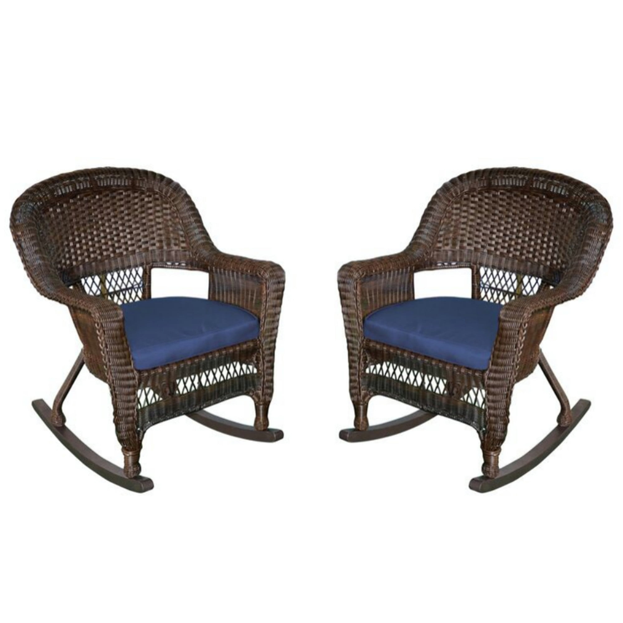 Set of 2 Espresso Brown Resin Wicker Outdoor Garden Patio Rocker Chairs with Blue Cushions 36 