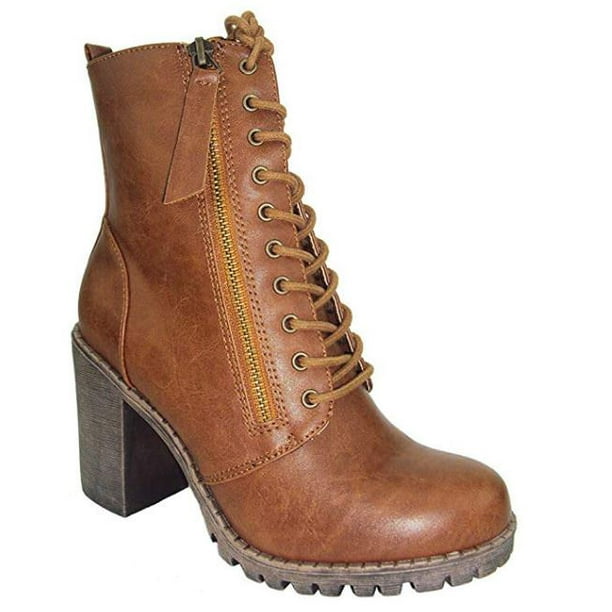 womens brown combat boots with heel