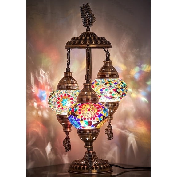 DEMMEX 3 Globes Turkish Moroccan Mosaic Bohemian Table Desk Bedside Night Lamp Light Lampshade, Exotic Oriental Colorful Mosaic Glasses Table Lamp, Antique Brass Color Metal Body, 21" (Multicolor)