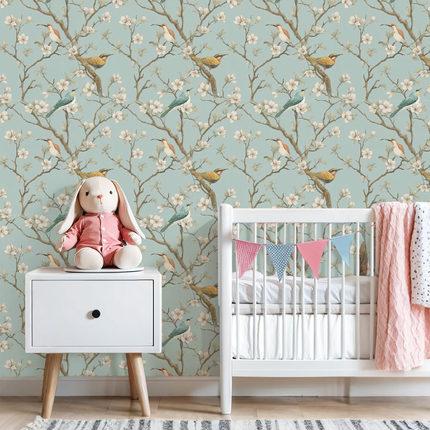 Peel and Stick Wallpaper 23.6in x 9.8ft Chinoiserie Style Birds Blossoms Light Blue Seamless Contact Paper Vinyl Self-Adhesive Removable Wall Paper for Bedroom DIY Home Decor Renter Friendly