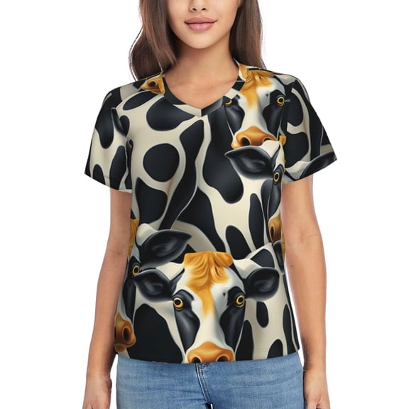 Women T Shirts Short Sleeve Summer V Neck Tops, Cow Cool Print