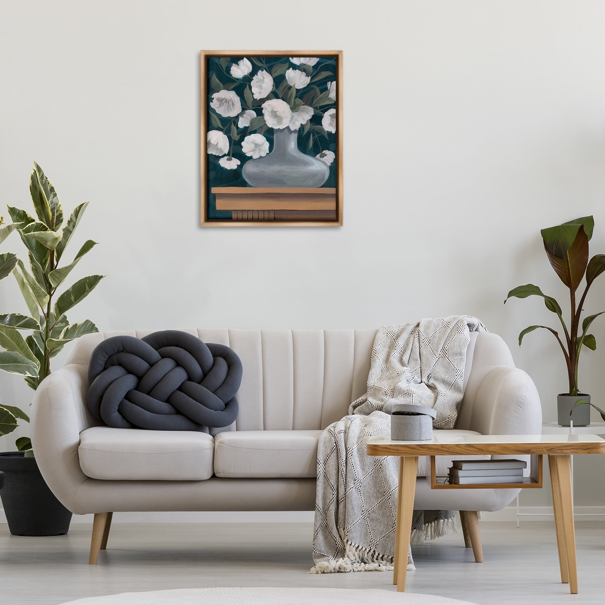 Stupell Industries White Flowers in Round Vase Plants & Flowers Painting Brown Floater Framed Canvas Art Print Wall Art, 25 x 31