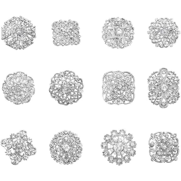 12 Styles Clear Rhinestone Flower Brooches Pins for Wedding Party Bouquet Broaches Kit Women Dress Decorations Silver 12PCS/Set DIY