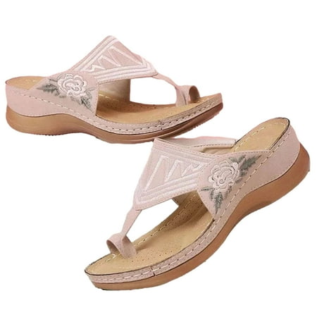 

Lyinloo Summer Plus Size Round Toe Flower Mid-heel Casual Women s Wedge Slippers Pink 35