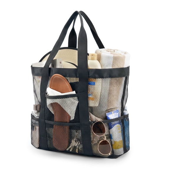 Mesh Beach Bag with Inner Zipper Pocket and Eight Outer Pockets, Oversized Beach Bags for Women, High-Quality Fabric Beach Tote for Picnic, Shopping, Sports, Toys, and Vacation Essentials, Large Capa