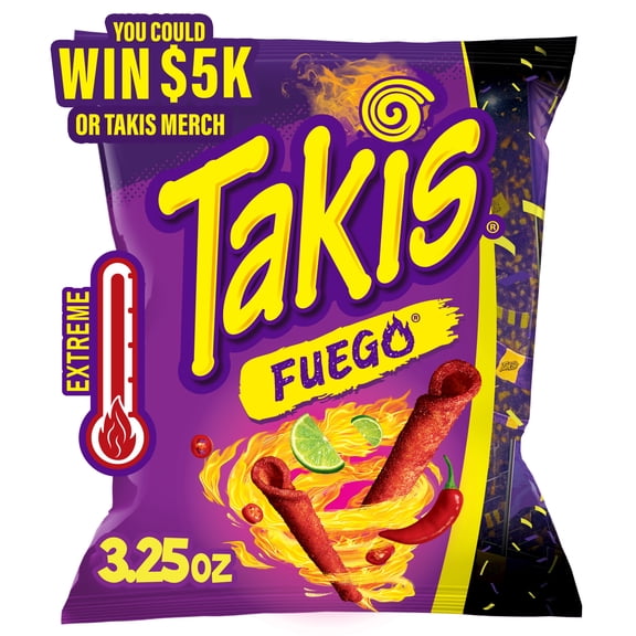Takis Fuego 3.25 oz Snack Size Bag, Hot Chili Pepper & Lime Rolled Tortilla Chips